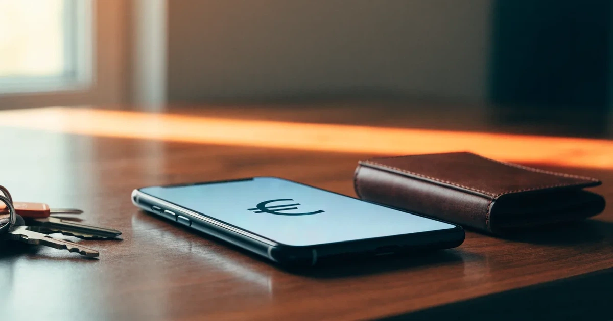 Ein Smartphone mit dunklem Display liegt neben einer Geldbörse und einem Schlüssel auf einem Tisch.