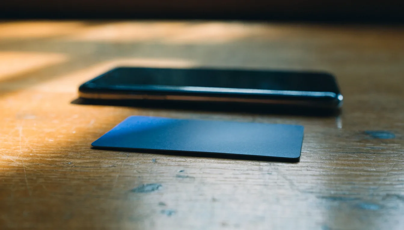 Eine Bankkarte ohne Aufdruck liegt neben einem Smartphone mit dunklem Display auf einem Holztisch.