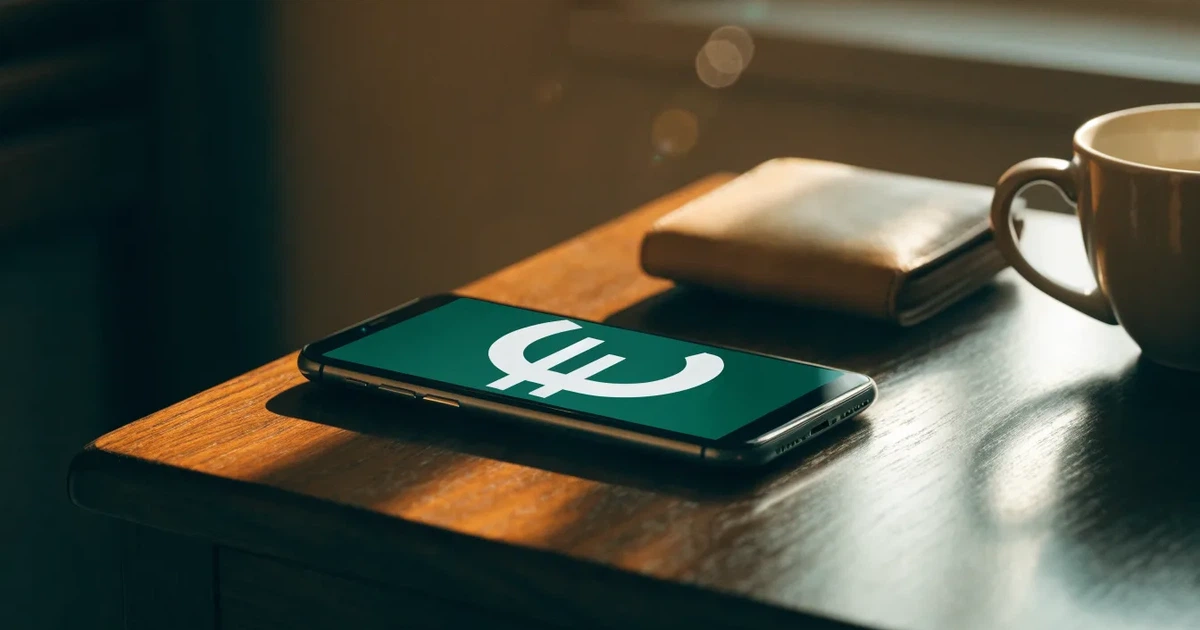 Ein Smartphone mit dunklem Display liegt auf einem Tisch neben einer Geldbörse und einer Tasse Kaffee.