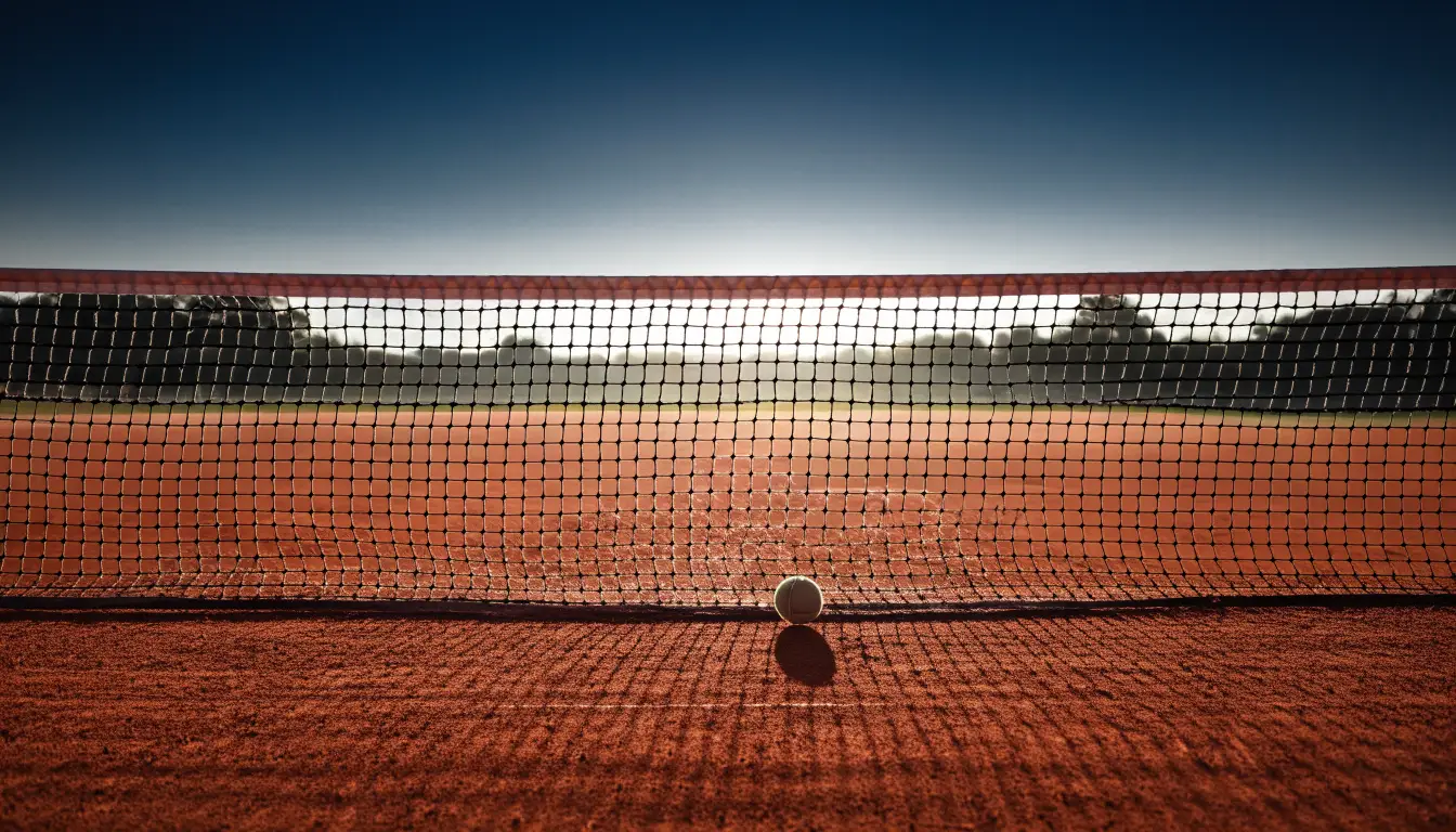 Ein Tennisplatz aus Sand bei Sonnenaufgang, das Netz im Gegenlicht, kein Mensch zu sehen.