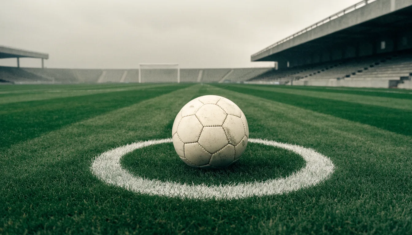 Ein Fußball liegt auf dem Anstoßpunkt eines leeren Rasenplatzes, im Hintergrund eine ruhige Tribüne unter bedecktem Himmel.