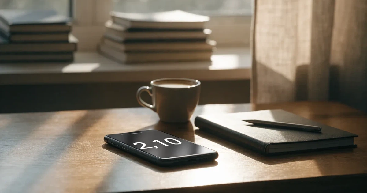 Ein Holzschreibtisch im Morgenlicht mit geschlossenem Notizbuch, Kugelschreiber und Kaffeetasse, daneben ein Smartphone mit dunklem Bildschirm.