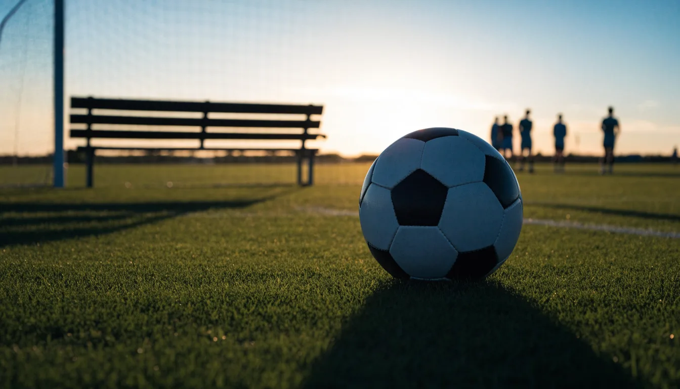 Ein Fußball auf einem Rasenplatz im Gegenlicht der tiefstehenden Sonne, am Spielfeldrand eine leere Ersatzbank.