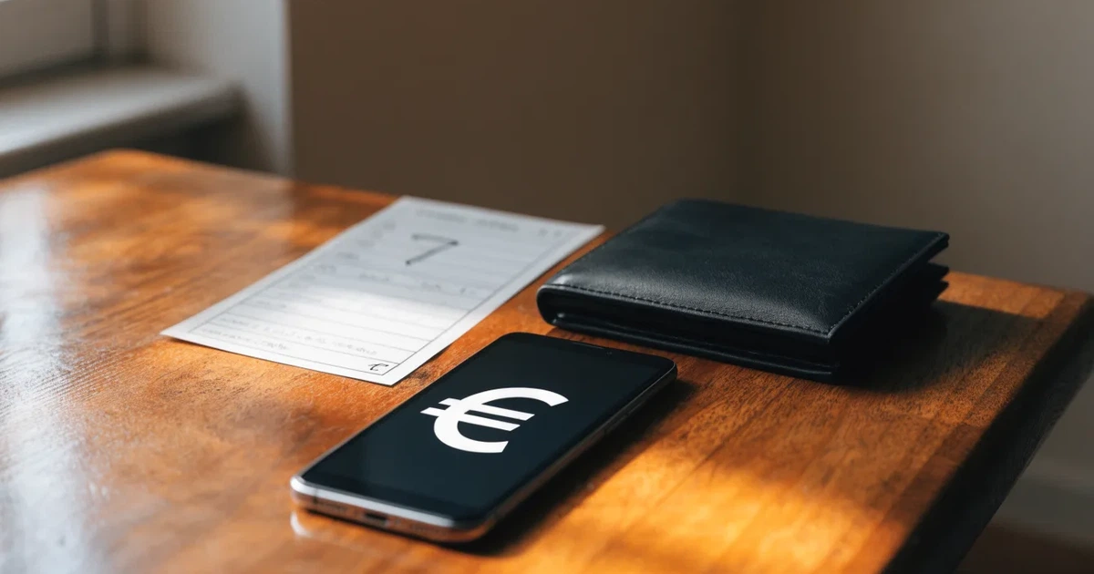 Ein Smartphone mit dunklem Bildschirm liegt neben einer Geldbörse und wenigen Münzen auf einem Holztisch im weichen Fensterlicht.