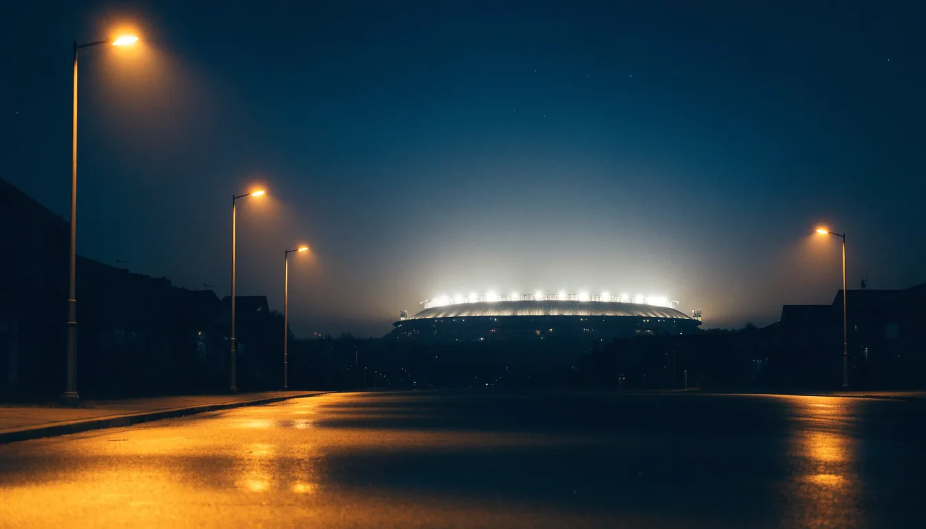 Ein Stadion unter Flutlicht aus der Ferne gesehen, davor eine dunkle Straße mit Laternen und ohne Menschen.