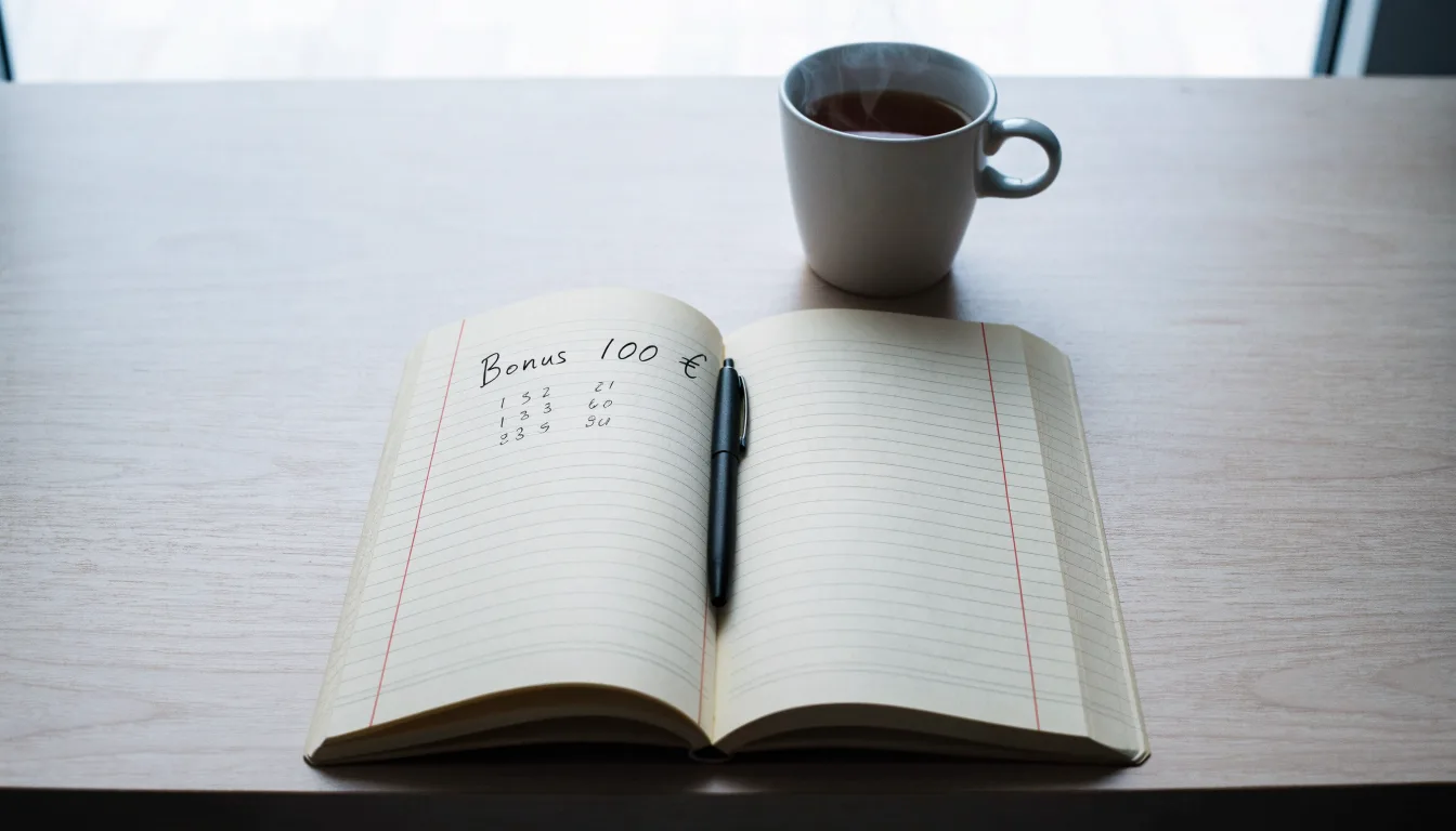 Ein Notizbuch mit handgeschriebenen Rechnungen und ein Taschenrechner auf einem hellen Schreibtisch neben einer Tasse Tee.