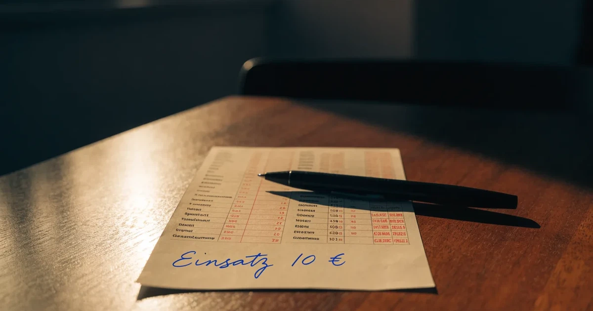 Ein leerer Papier-Wettschein und ein Kugelschreiber liegen auf einem Tisch, daneben ein kleiner Stapel Münzen.