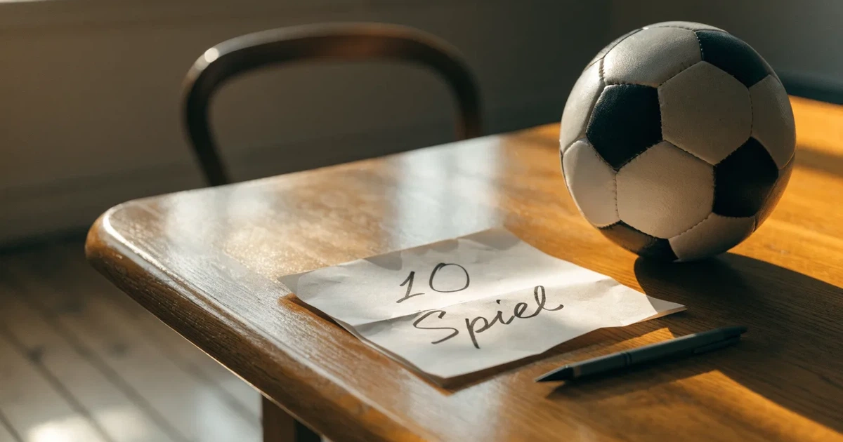 Ein Geschenkband liegt neben einem Fußball auf einem Holzboden, gedämpftes Licht fällt von einem Fenster herein.