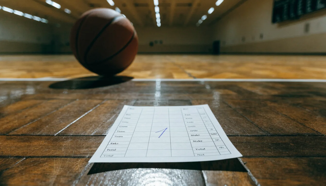 Ein Basketballfeld in einer leeren Halle, das Parkett spiegelt das Licht der Deckenlampen.