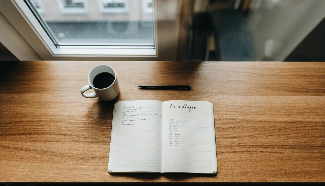 Eine Tasse Kaffee, ein Kugelschreiber und ein aufgeschlagenes leeres Notizbuch auf einem Küchentisch am Fenster.