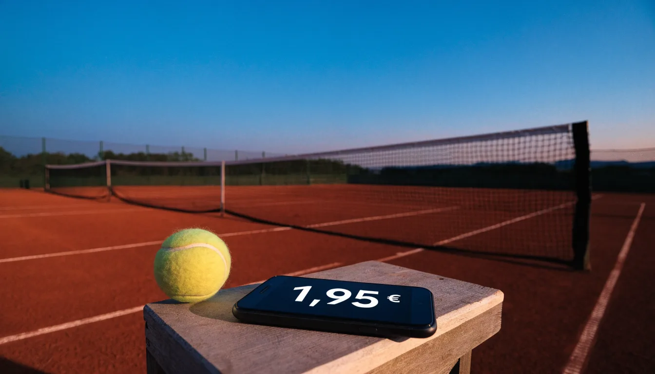 Ein Tennisplatz in der Dämmerung, Netz und Linien im Zwielicht, ohne Menschen und mit ruhigem Himmel.