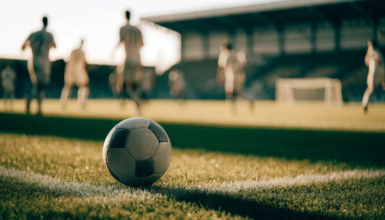 Ein Fußball liegt am Spielfeldrand eines Rasenplatzes, im Hintergrund eine leere Tribüne unter hellem Himmel.