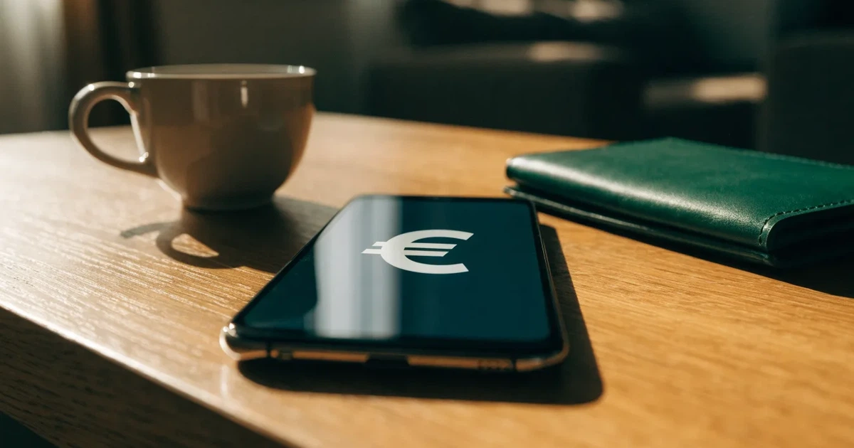 Ein Smartphone mit dunklem Bildschirm liegt auf einem Holztisch neben einem Portemonnaie und einer Kaffeetasse im Fensterlicht.