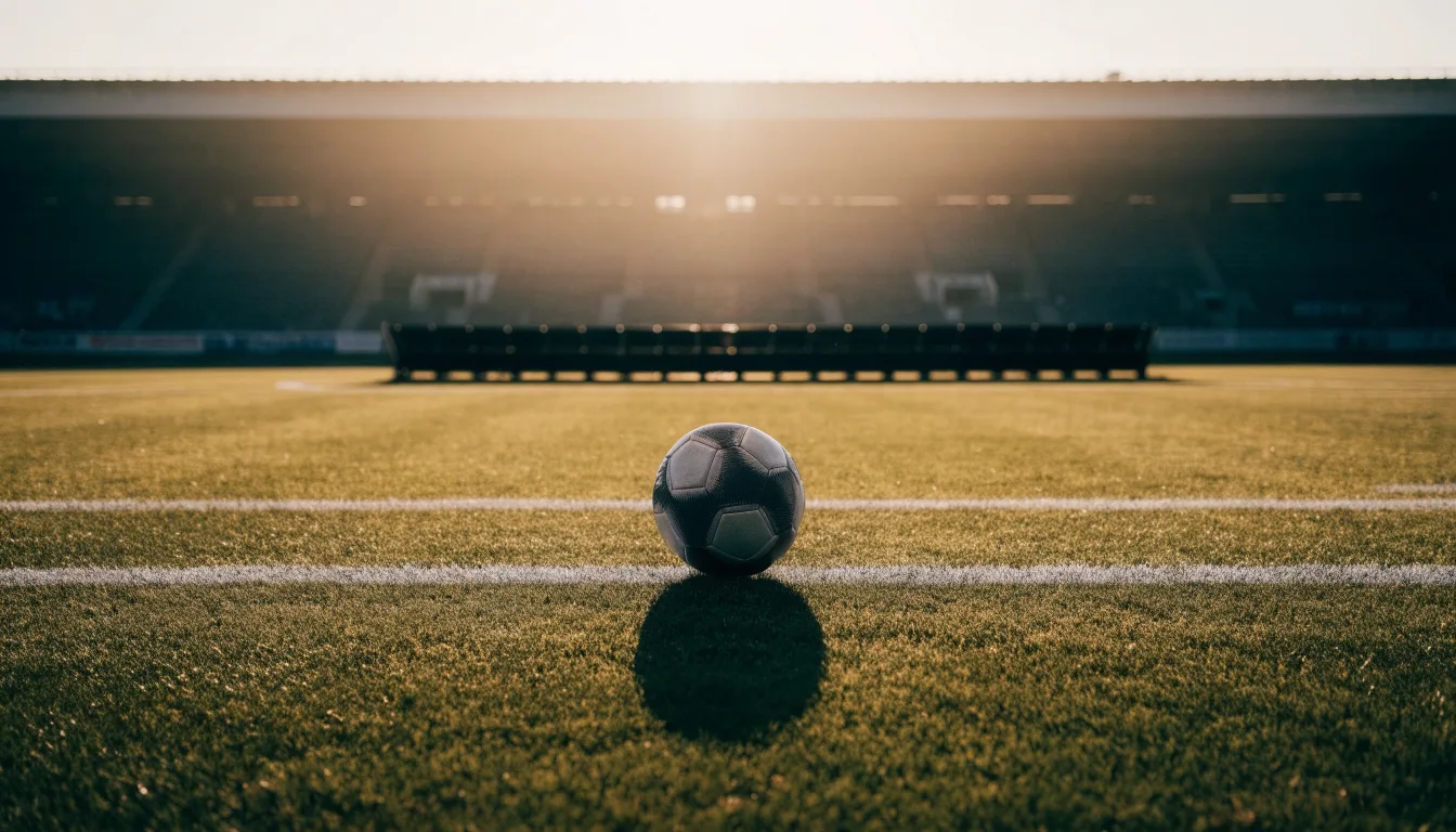 Ein Fußball auf einem Rasenplatz im Gegenlicht der tiefstehenden Sonne, am Rand eine leere Ersatzbank.