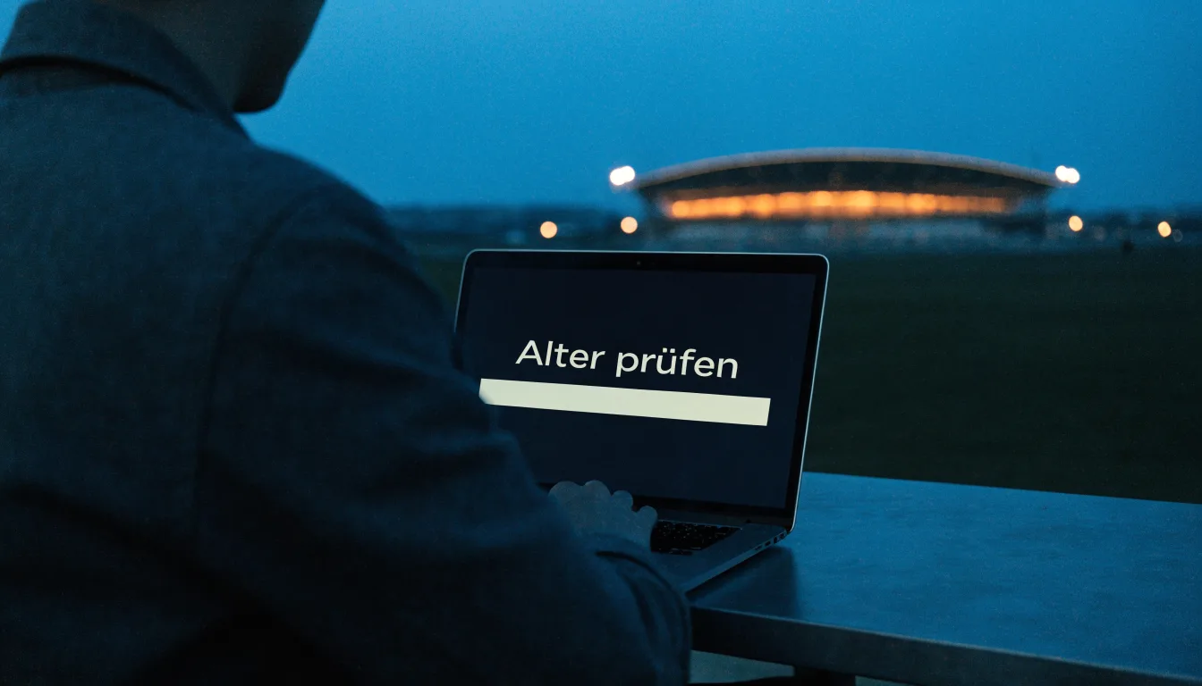 Ein Stadion unter Flutlicht aus der Ferne gesehen, davor ein leerer Parkplatz in der Dämmerung.