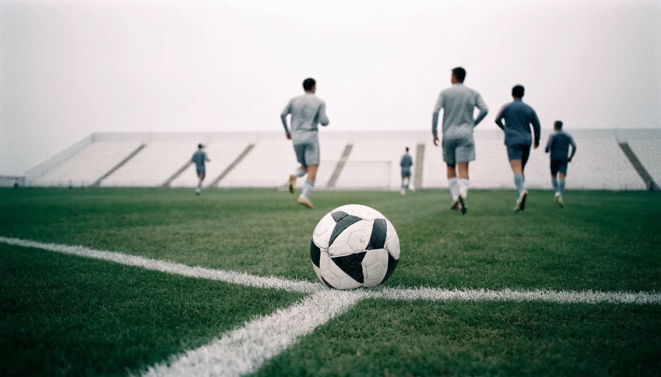 Ein Fußball auf einem Rasen, im Hintergrund ein leeres Stadion bei bewölktem Himmel.