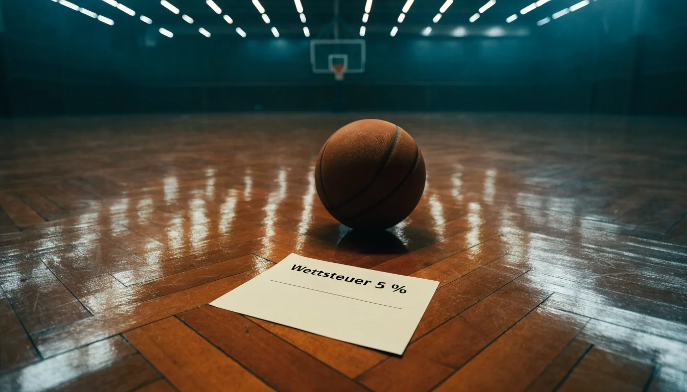 Ein Basketballfeld in einer leeren Halle, das Parkett spiegelt das Deckenlicht.