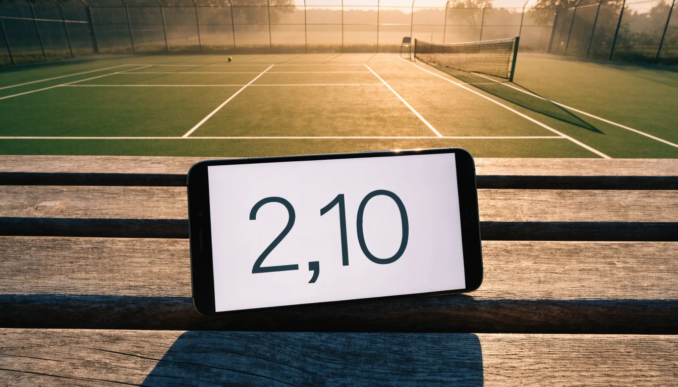 Ein Tennisplatz bei Sonnenaufgang, Netz und Linien im Streiflicht, ohne Menschen.