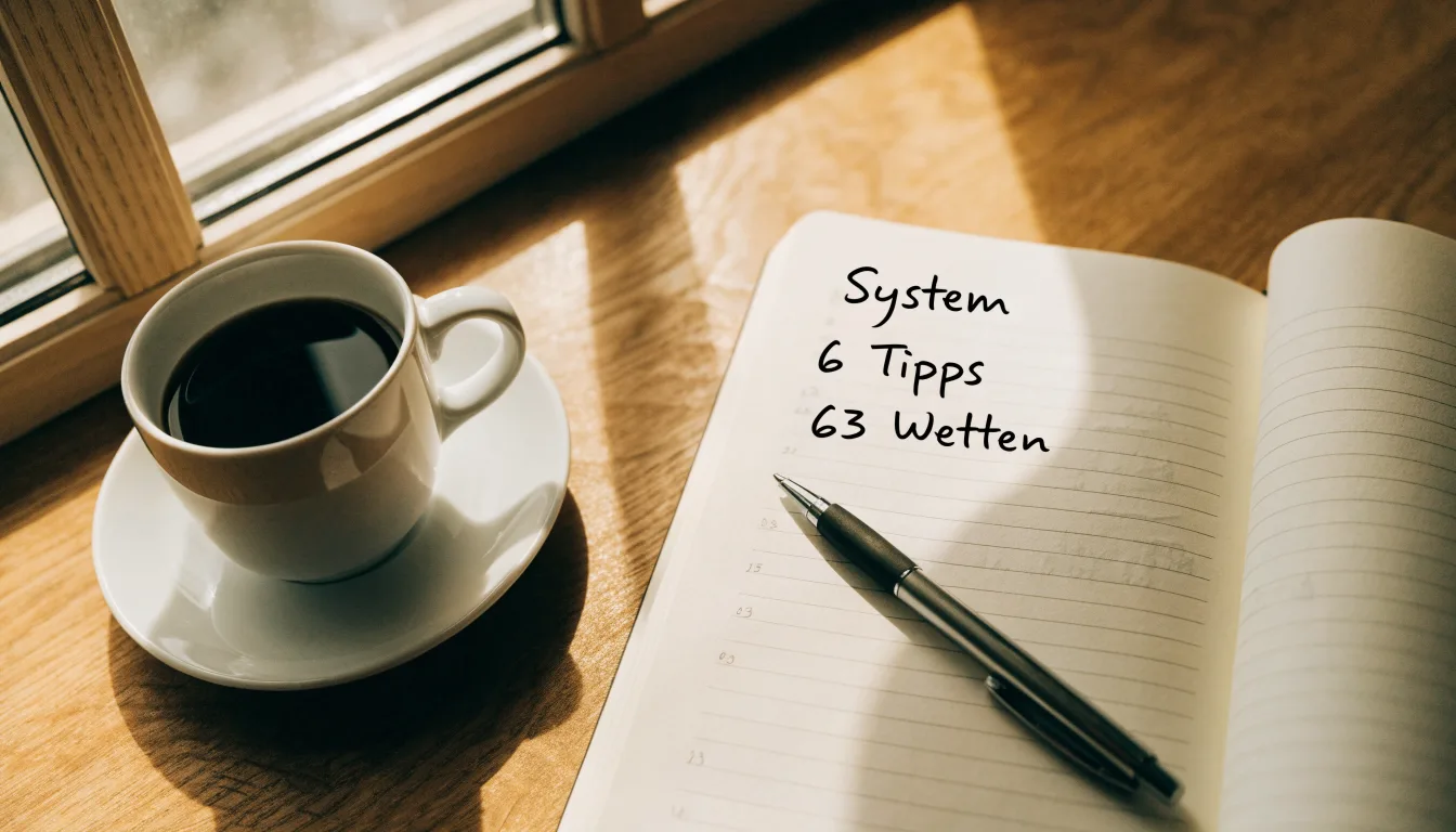 Ein aufgeschlagenes leeres Notizbuch mit Kugelschreiber neben einer Tasse Kaffee auf einem Tisch am Fenster.