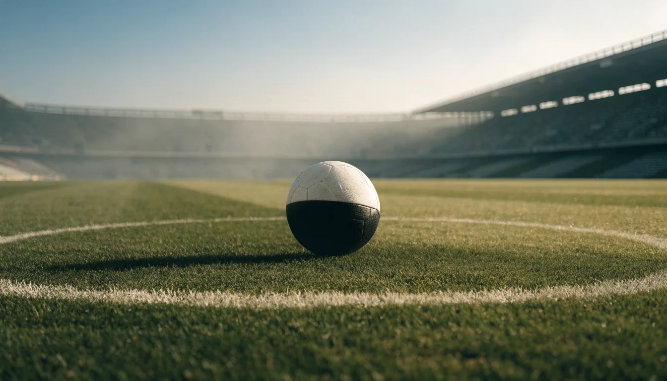 Ein Fußball liegt auf dem Anstoßpunkt eines leeren Rasenplatzes, im Hintergrund hängt Morgendunst über den Tribünen.