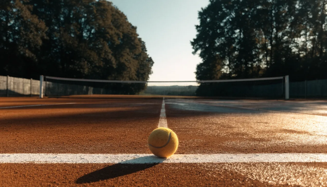 Ein Tennisplatz bei Sonnenaufgang, die Linien noch taufeucht, ein einzelner Ball liegt an der Grundlinie.