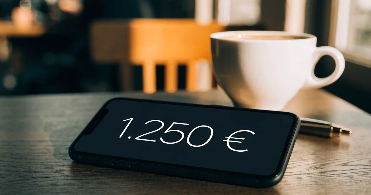 Ein Smartphone liegt mit dunklem Display auf einem Café-Tisch neben einer Tasse Kaffee und einem Kugelschreiber.