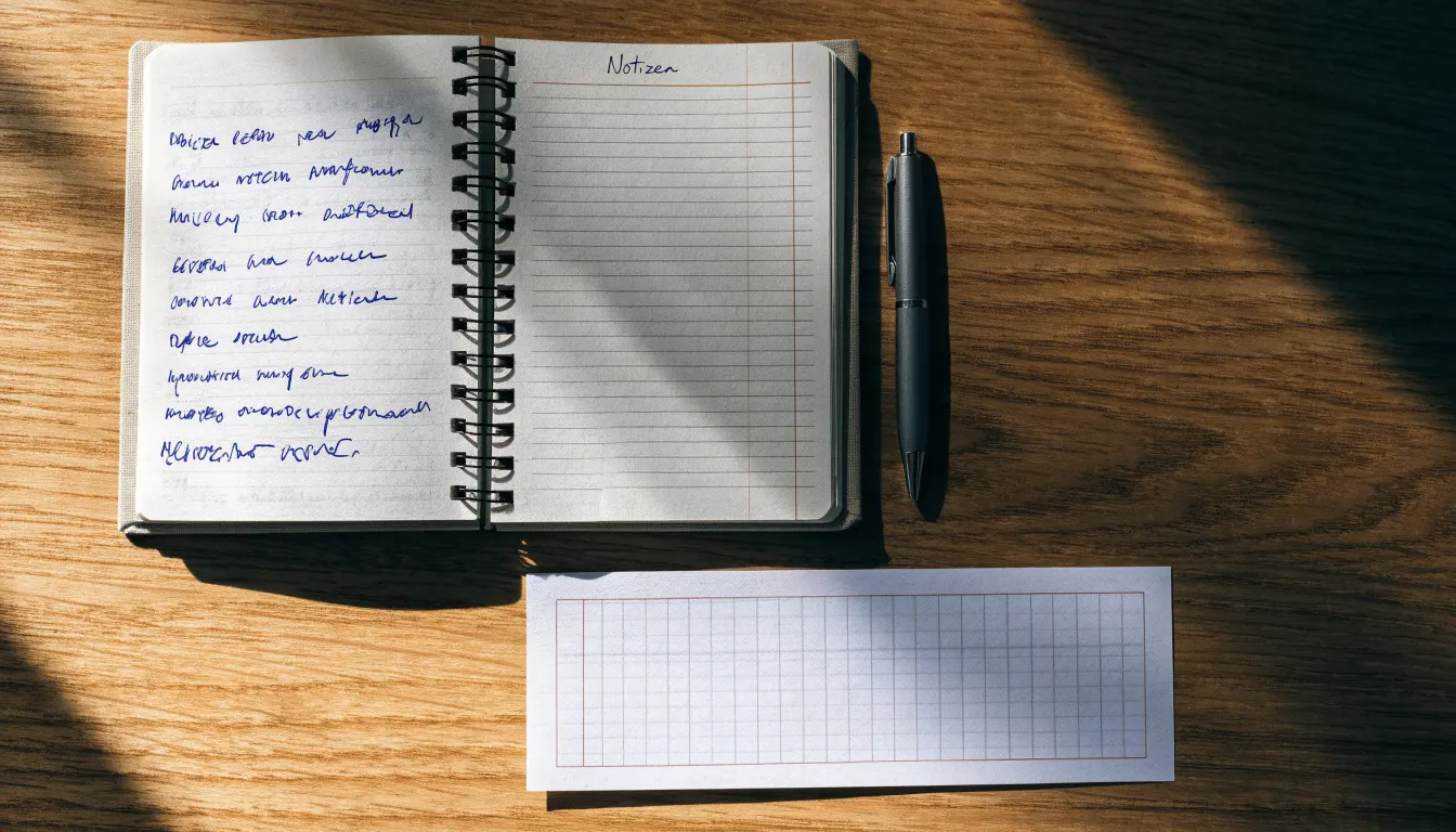 Ein Notizbuch mit handschriftlichen Notizen liegt aufgeschlagen neben einem leeren Papier-Wettschein auf einem Holztisch.