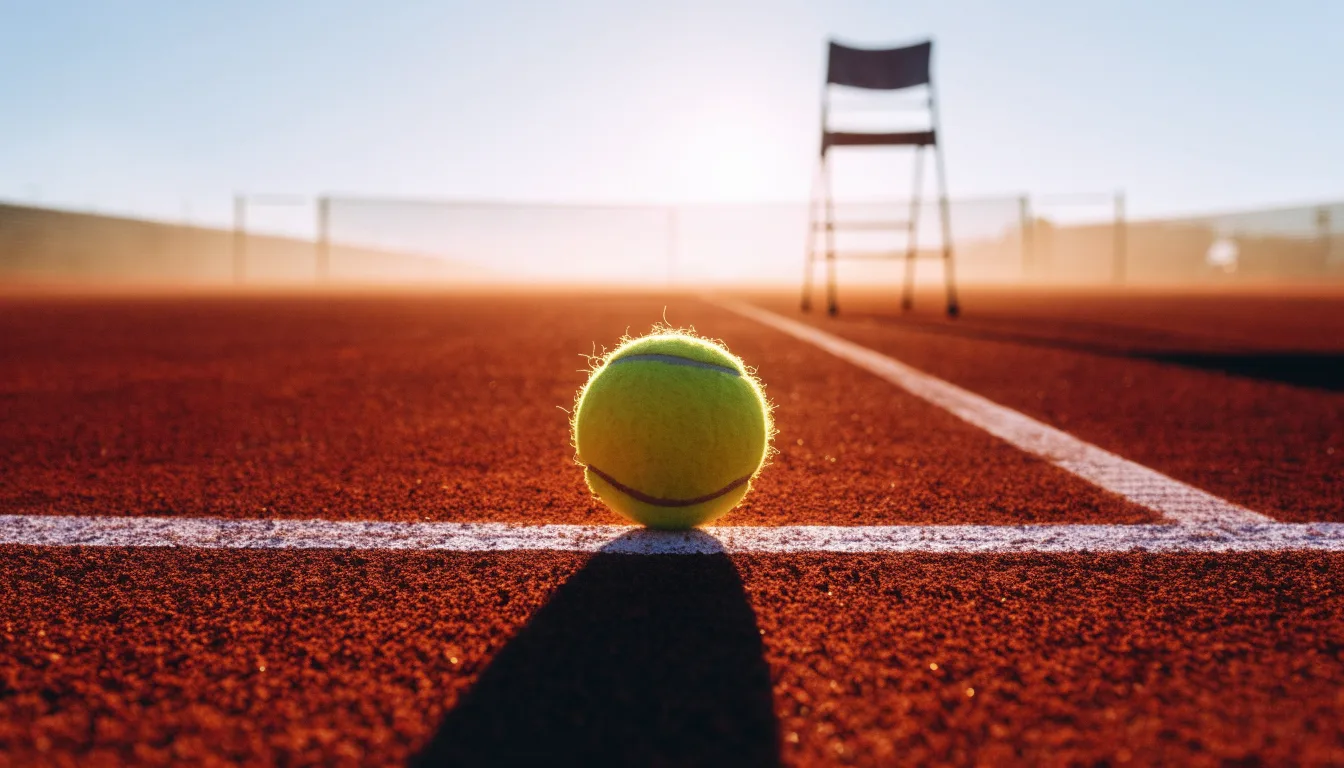 Ein Tennisball liegt auf einem roten Sandplatz bei Sonnenaufgang, im Hintergrund ein leerer Schiedsrichterstuhl.
