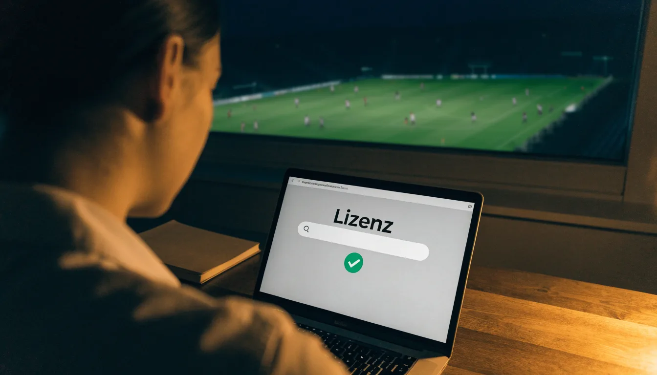 Ein Stadion unter Flutlicht aus der Ferne, davor ein stilles Feld im Dämmerlicht.