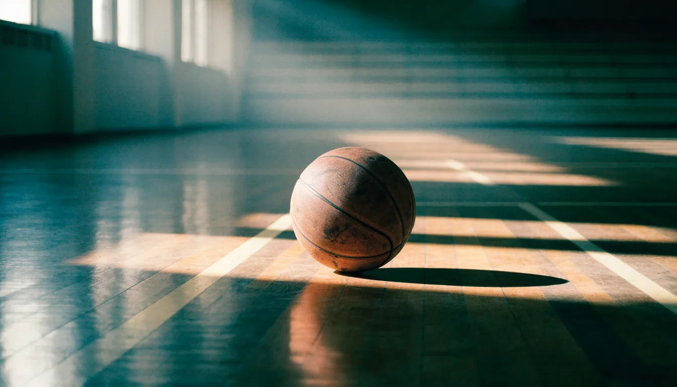Ein Basketball liegt auf dem Parkett einer leeren Halle, Licht fällt durch hohe Fenster.