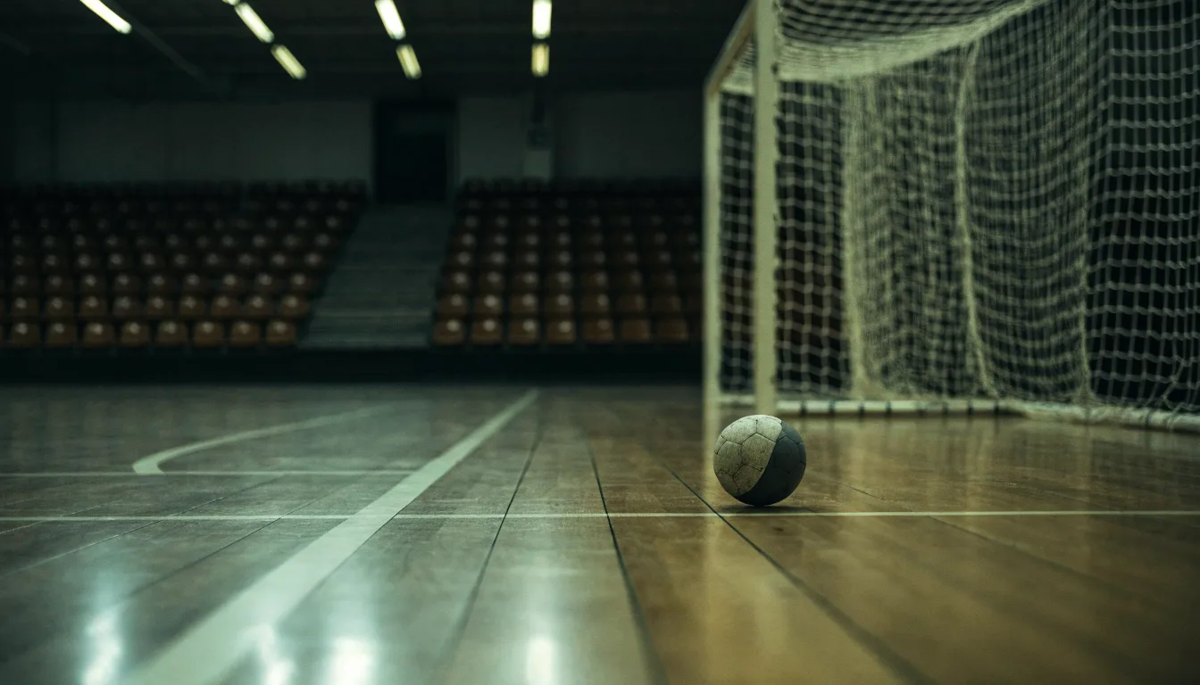 Ein Handball liegt in einer leeren Halle auf dem Boden vor dem Tor.