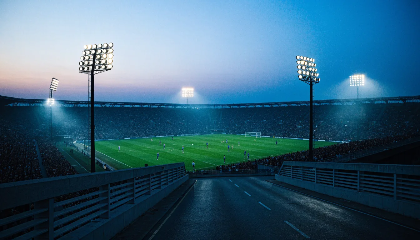 Ein Stadion bei Dämmerung mit eingeschalteten Flutlichtmasten, von einer Brücke aus aufgenommen.