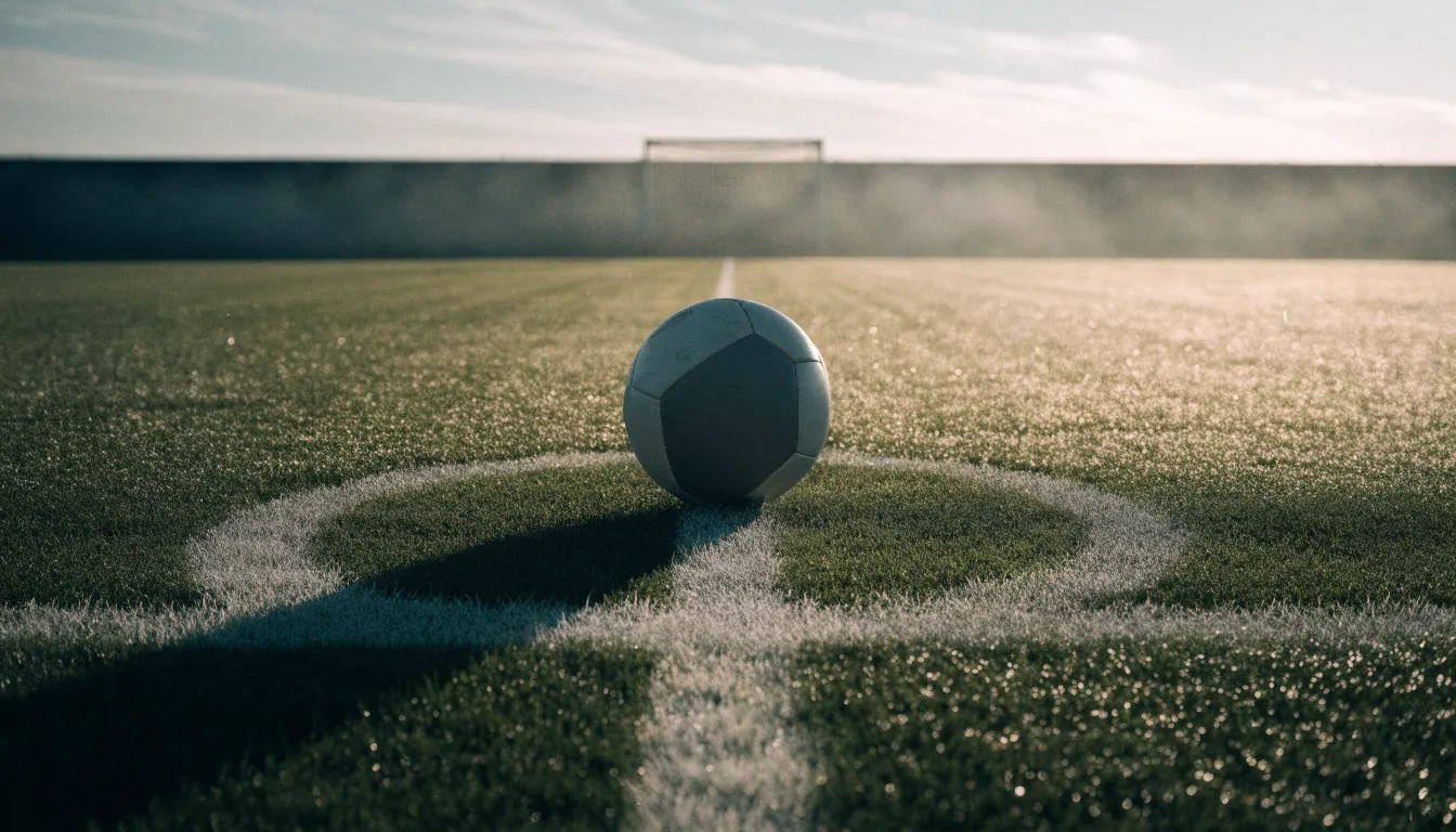 Ein Fußball liegt auf dem Anstoßkreis eines leeren Rasenplatzes im frühen Morgenlicht.
