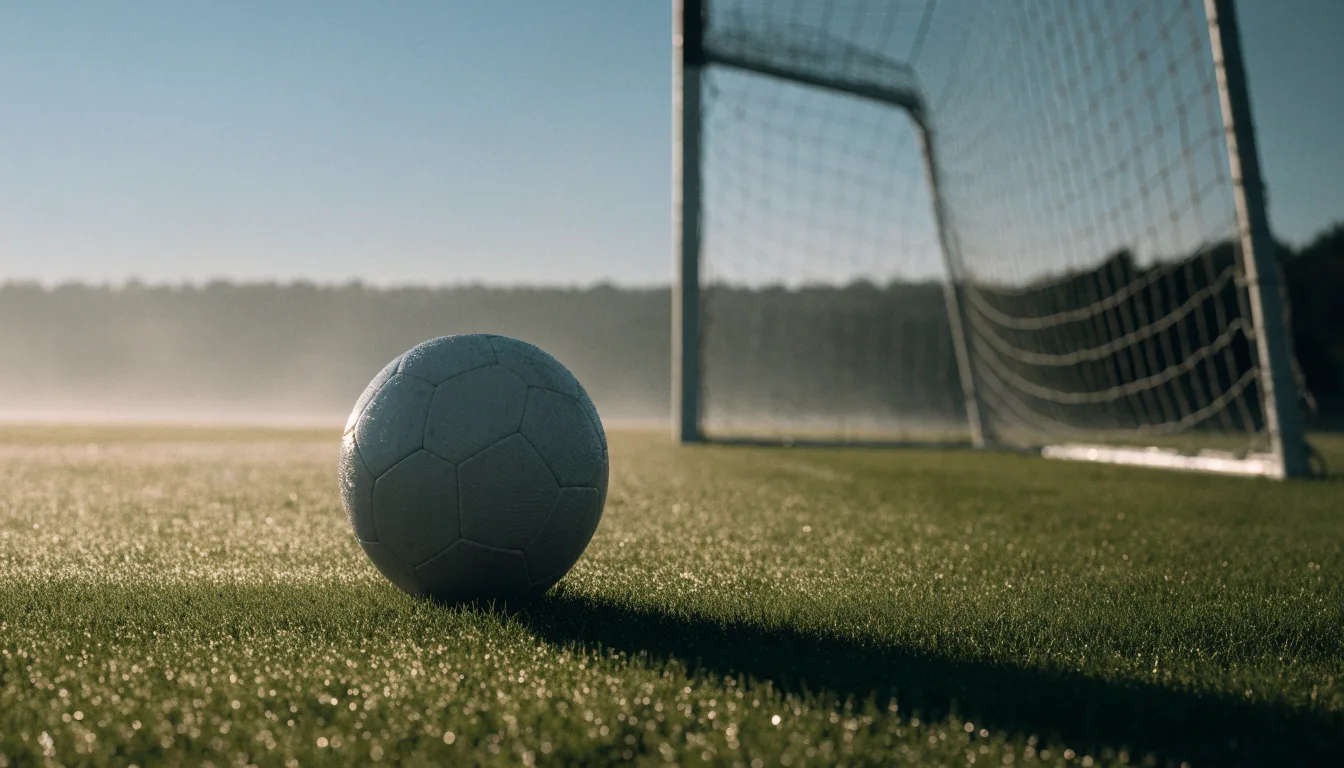Ein Fußball auf dem Rasen vor einem leeren Tor im frühen Morgenlicht.