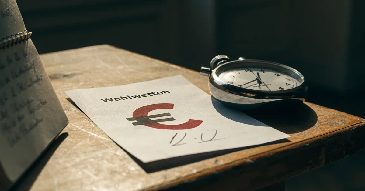 Eine Stoppuhr liegt neben Münzen und einem Notizbuch auf einem Holztisch, Tageslicht fällt von der Seite ein.