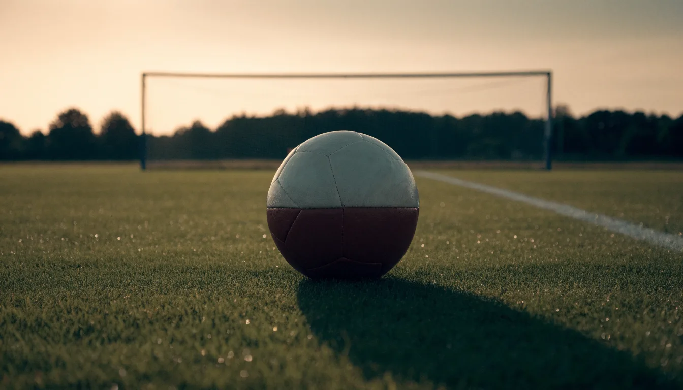 Ein Fußball liegt in der Mitte eines leeren Rasenplatzes, am Horizont färbt sich der Himmel orange.