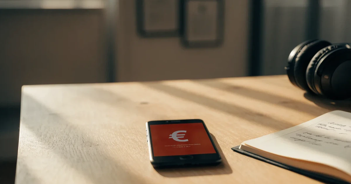 Ein Smartphone mit schwarzem Display liegt neben Kopfhörern auf einem Schreibtisch, daneben ein aufgeschlagenes Notizbuch.