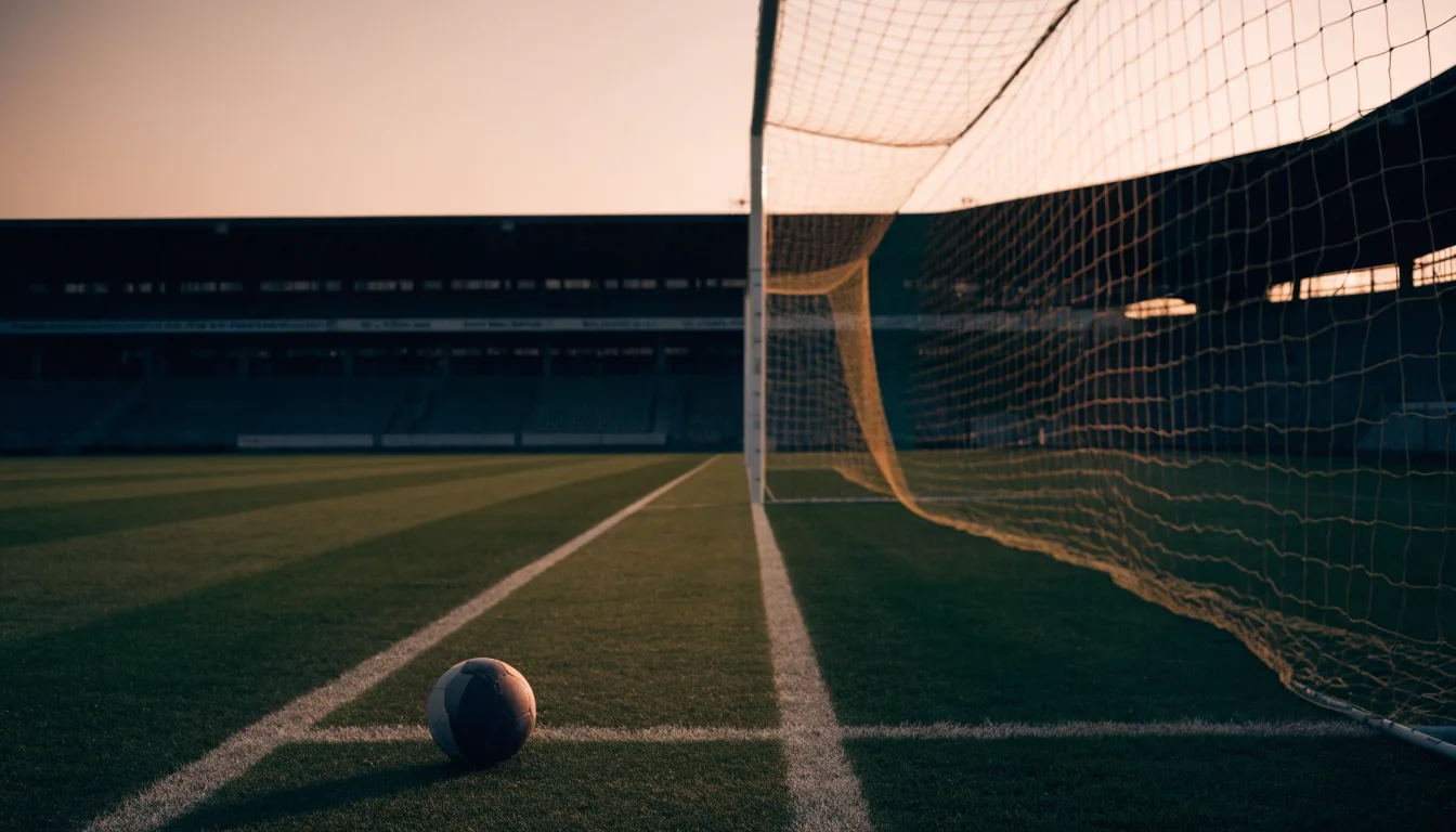 Ein Fußball liegt im Strafraum eines leeren Platzes, dahinter die Netze des Tores im Abendlicht.