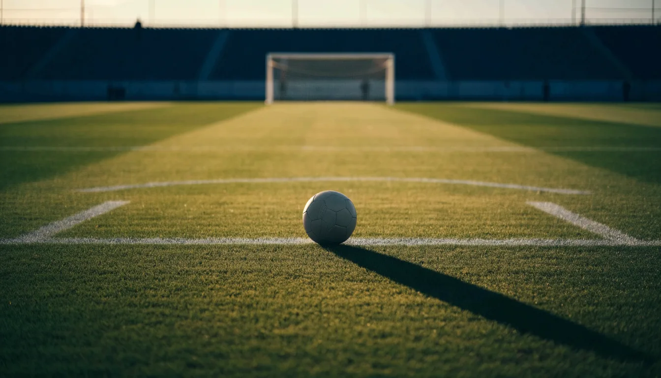 Ein Fußball liegt auf dem Elfmeterpunkt eines leeren Platzes im Abendlicht.