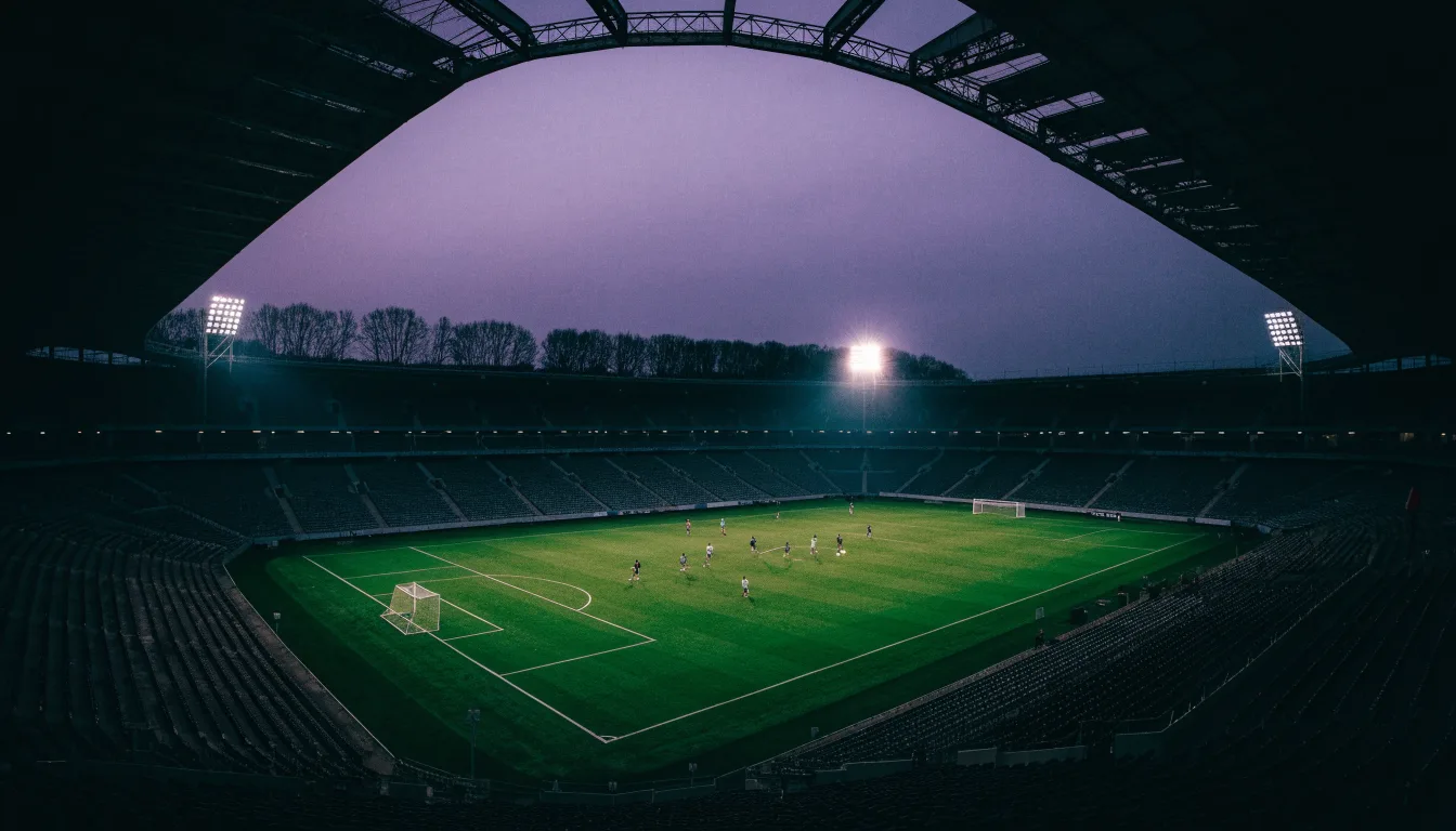 Ein Stadion unter Flutlicht, aus großer Entfernung gesehen, davor eine Reihe kahler Bäume im Dämmerlicht.