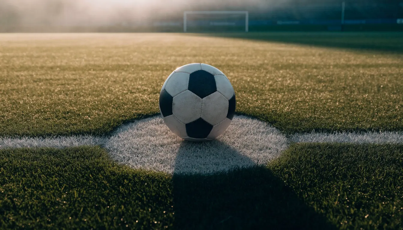 Ein Fußball auf dem Mittelkreis eines leeren Rasenplatzes im frühen Morgenlicht.