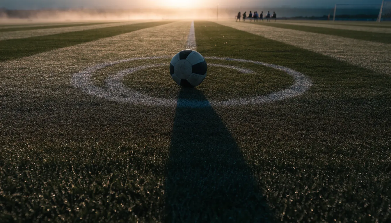 Ein Fußball liegt am Rand des Mittelkreises auf einem leeren Rasenplatz bei Sonnenaufgang.