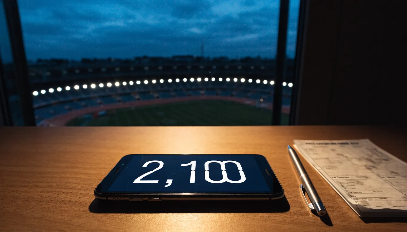 Ein Stadion unter Flutlicht aus großer Entfernung, davor ein dunkler Acker im Abendlicht.