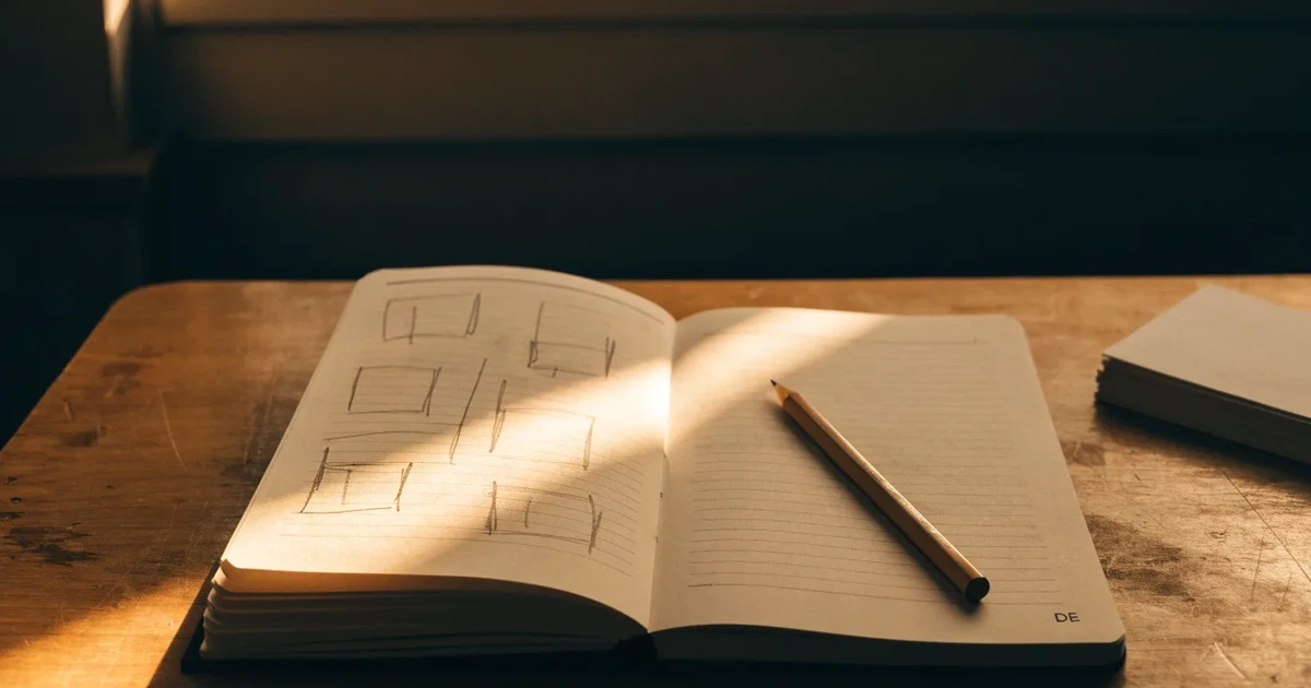 Ein Notizbuch mit handschriftlichen Kästchen und Linien liegt neben einem Bleistift und einem Taschenrechner auf einem Schreibtisch.