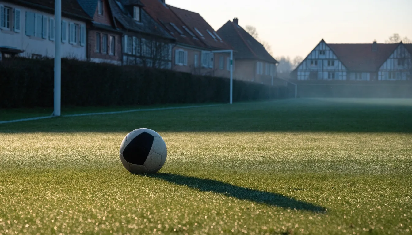 Ein Fußball auf dem Rasen eines leeren Sportplatzes am Rand einer Kleinstadt im Morgenlicht.