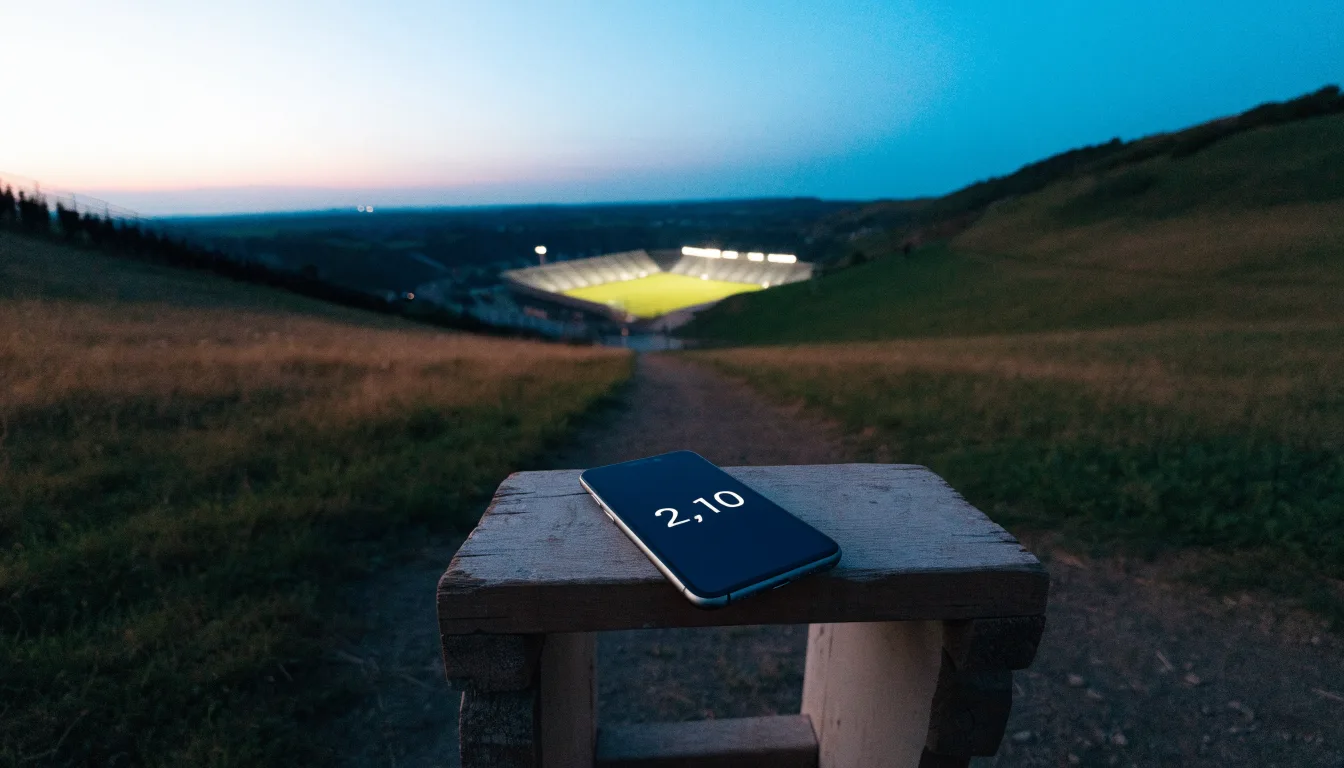 Ein Stadion unter Flutlicht, von einer Anhöhe aus gesehen, davor ein stiller Weg in der Dämmerung.
