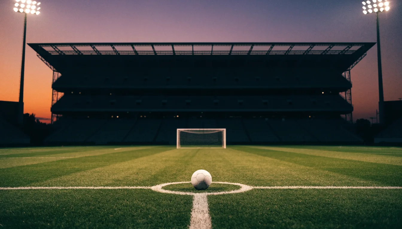 Ein Fußball liegt auf dem Anstoßpunkt eines leeren Rasenplatzes, im Hintergrund ein Stadion unter Flutlicht in der Abenddämmerung.
