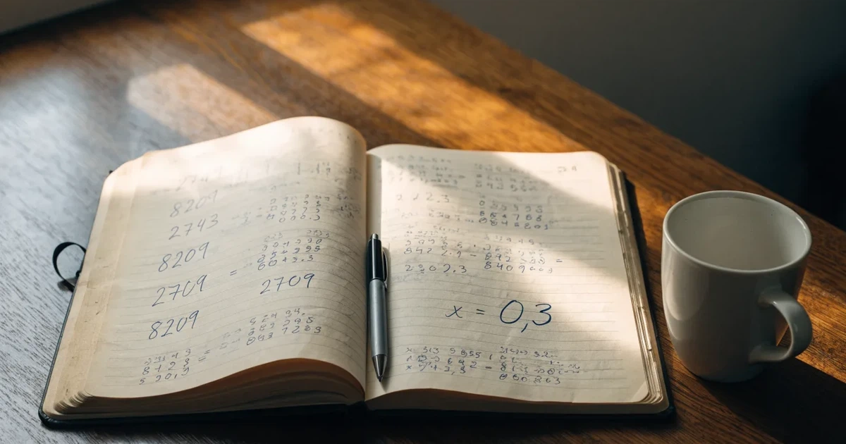 Ein Notizbuch mit handschriftlichen Rechnungen und ein Taschenrechner liegen auf einem Schreibtisch neben einer Tasse Kaffee im Licht des frühen Morgens.