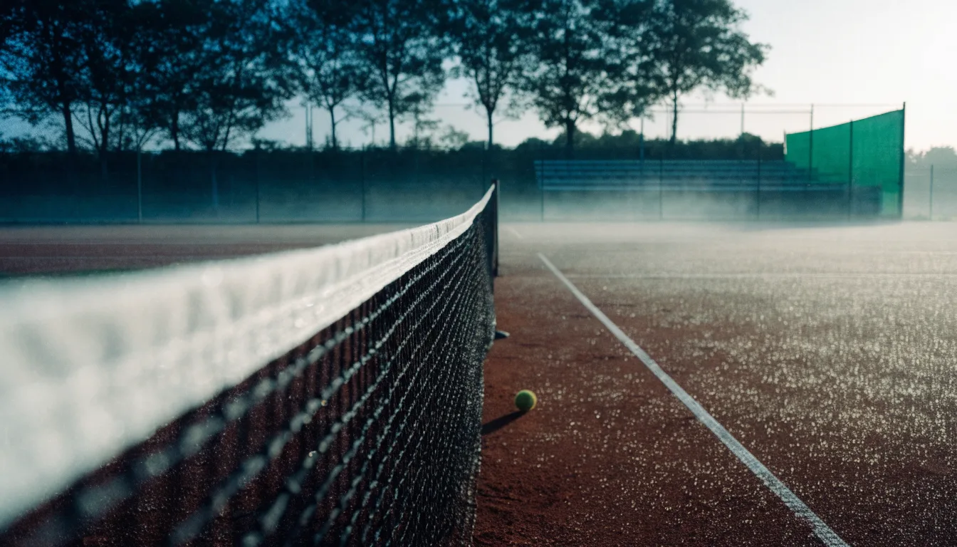 Ein Tennisplatz im Morgengrauen, das Netz und die Linien liegen im Tau, im Hintergrund leichter Nebel und kein Mensch zu sehen.