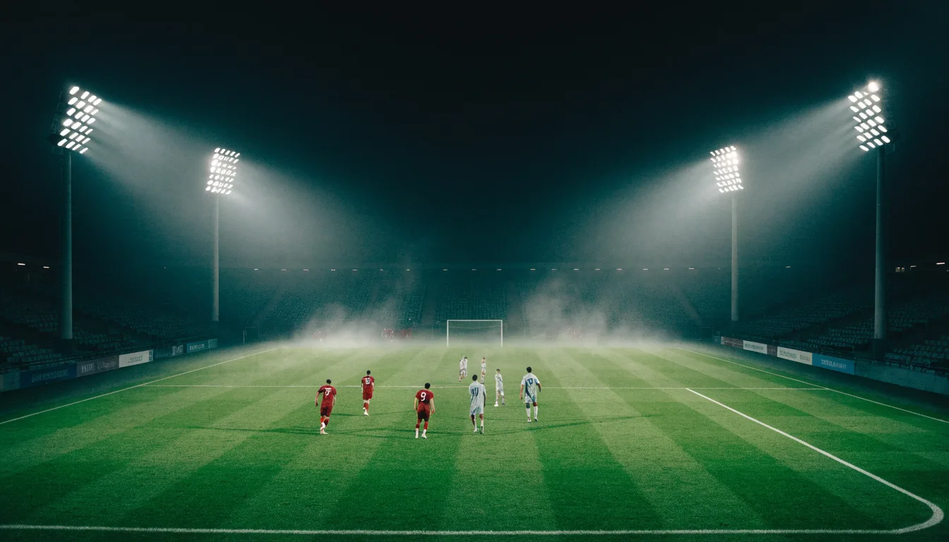 Ein Stadion unter Flutlicht, aus großer Entfernung über eine dunkle Wiese fotografiert, am Himmel zieht Nebel auf.